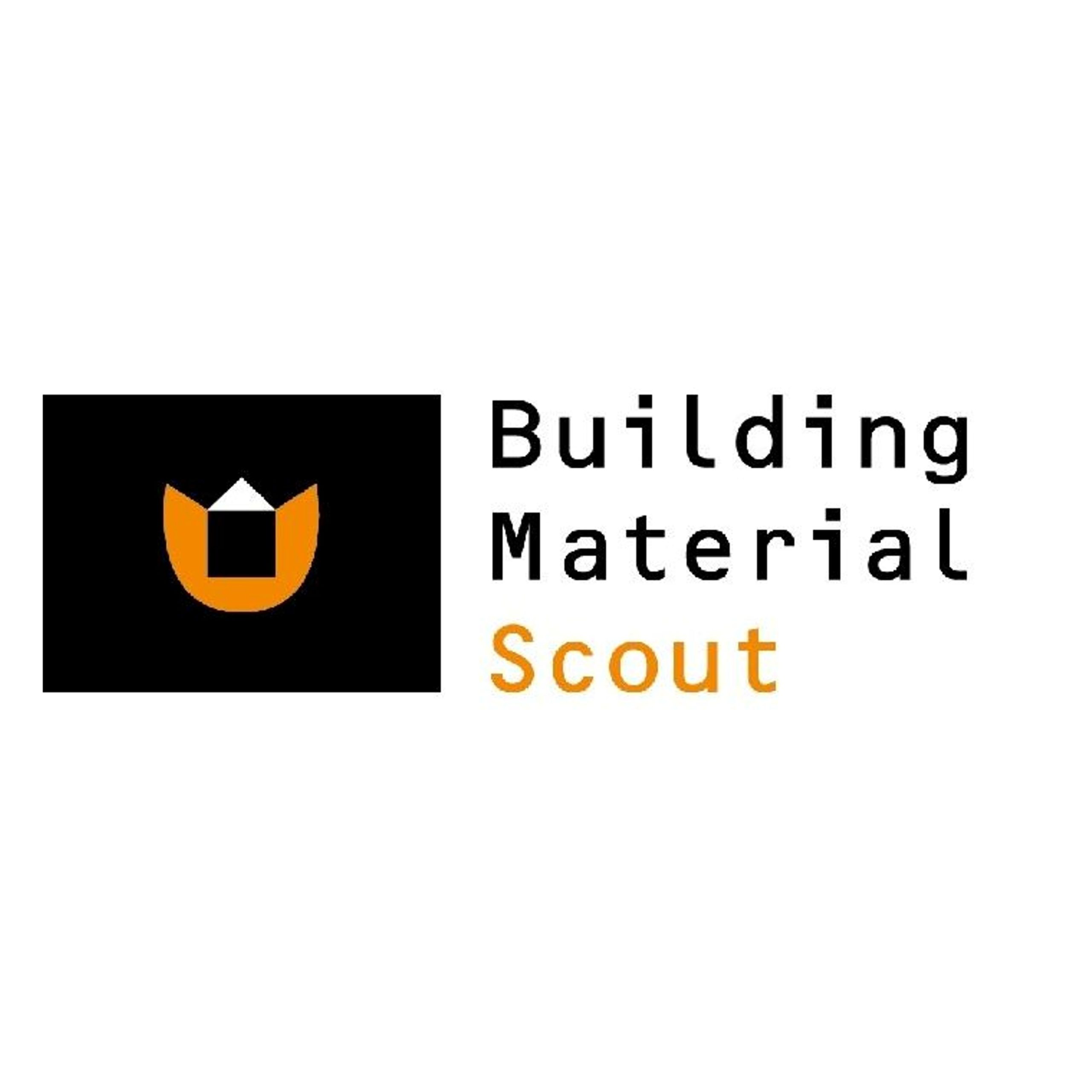 Building Material Scout Logo mit schwarzem Rechteck und orangen Dreieck